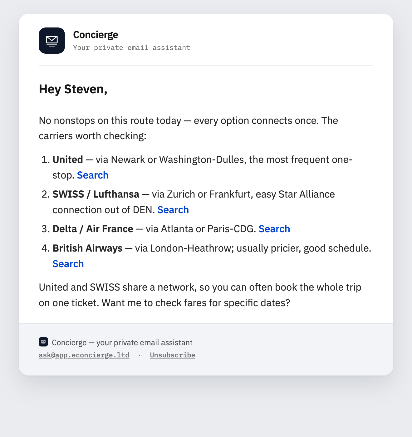 A reply from Concierge listing airlines from Denver to Zurich, each with a booking link.