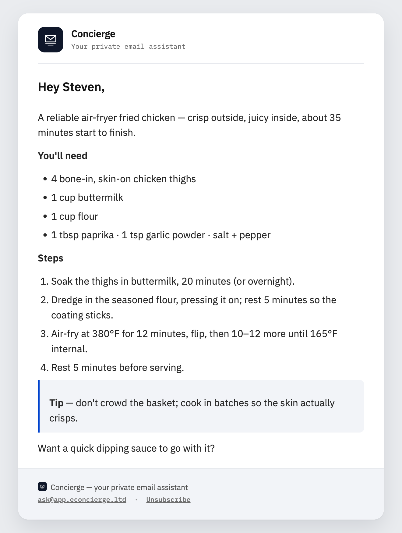 A reply from Concierge with an air-fryer fried-chicken recipe: ingredients and numbered steps.