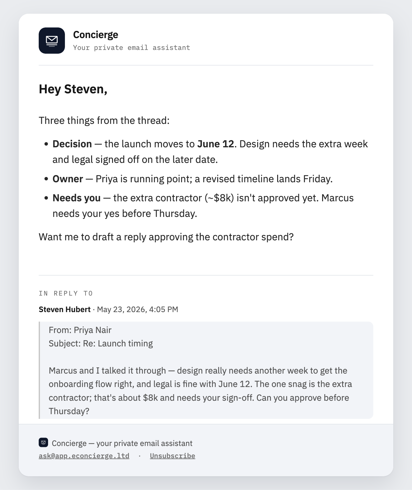 A reply from Concierge summarizing a forwarded thread in three bullets, with the original quoted below.